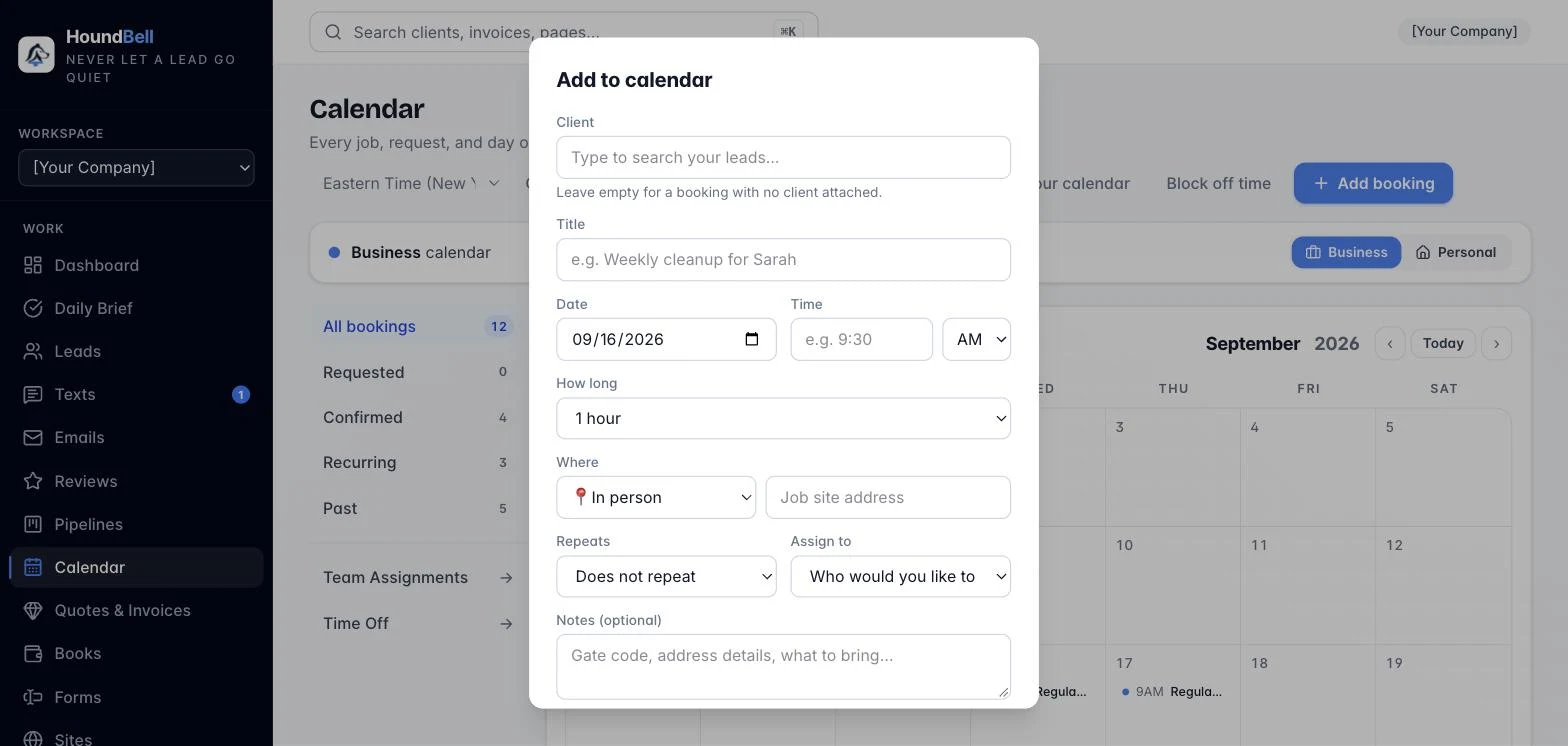 The Add to calendar dialog with client search, title, date, time, duration, repeats, assignment and notes fields
