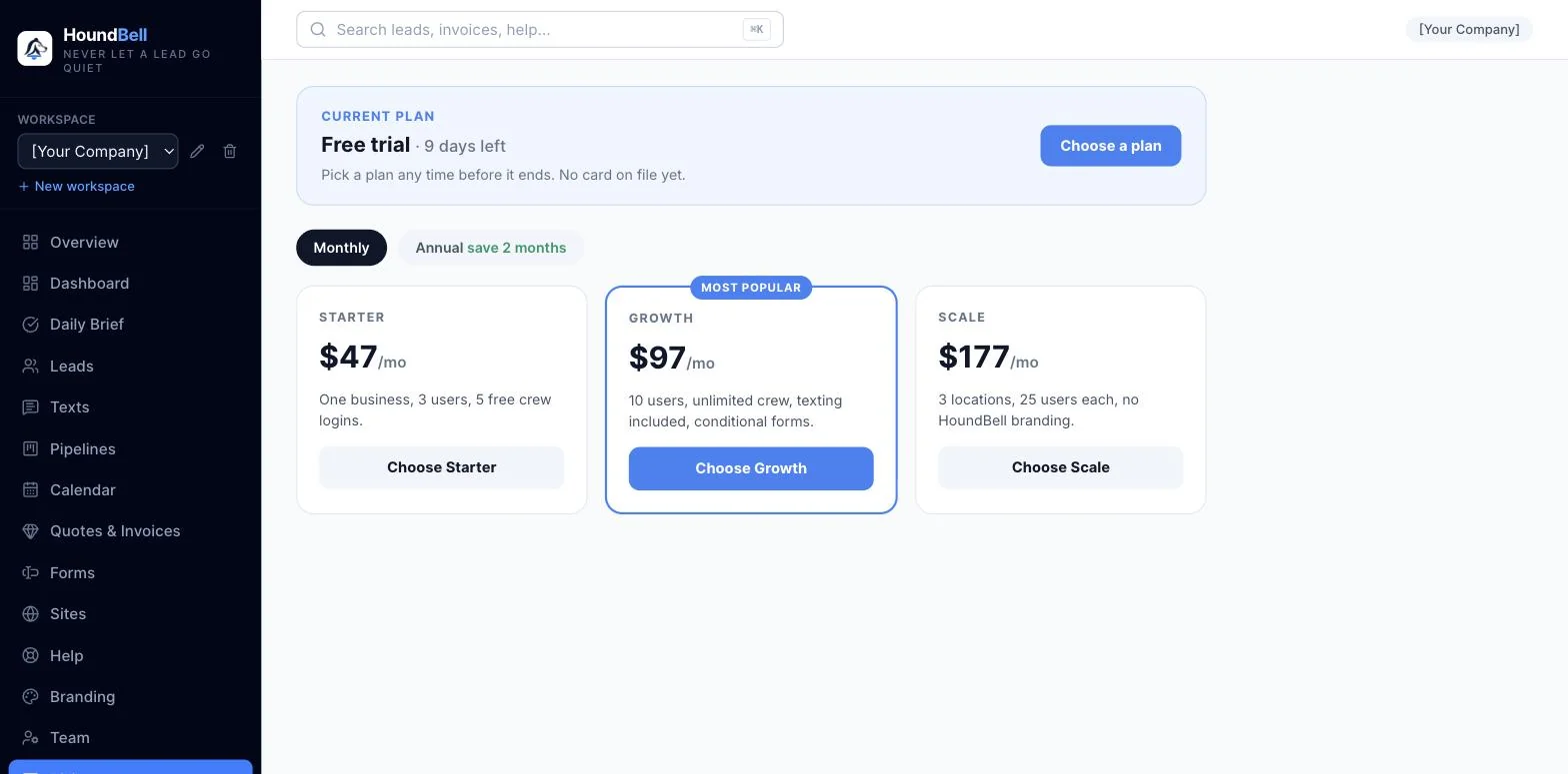 The Billing page with the trial banner and plan cards