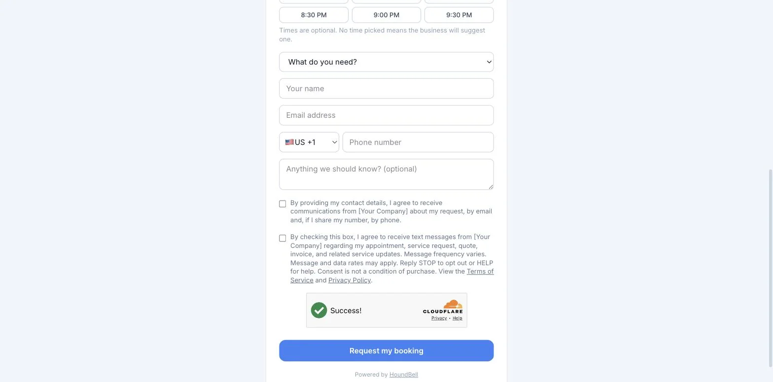 The public booking page request form with service dropdown, contact fields, consent checkbox, and the Request my booking button
