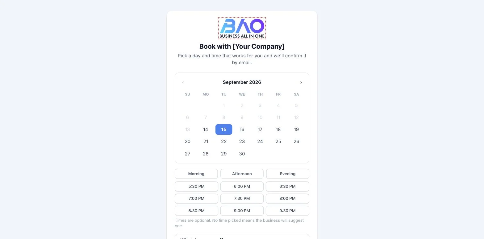 The public booking page showing morning, afternoon and evening buttons, exact time slots, and the request form