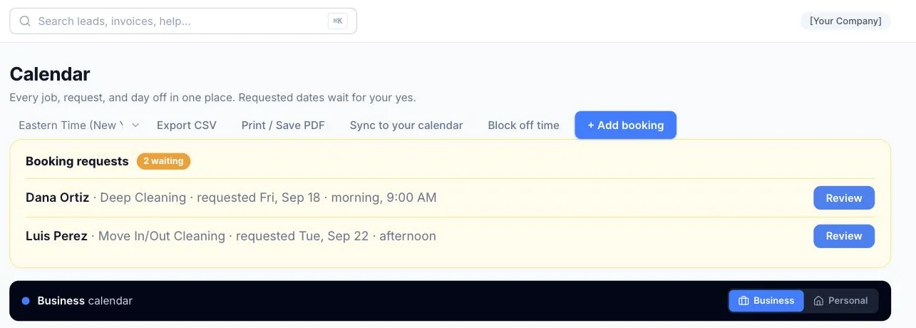 The Booking Requests banner on the Calendar page with two requested dates waiting for confirmation and Review and confirm buttons