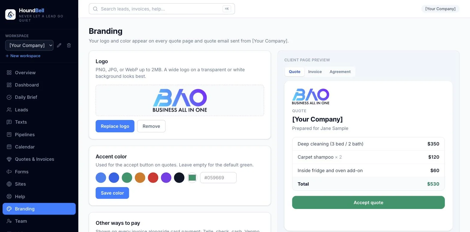The Settings page for uploading a logo, choosing an accent color and connecting Stripe