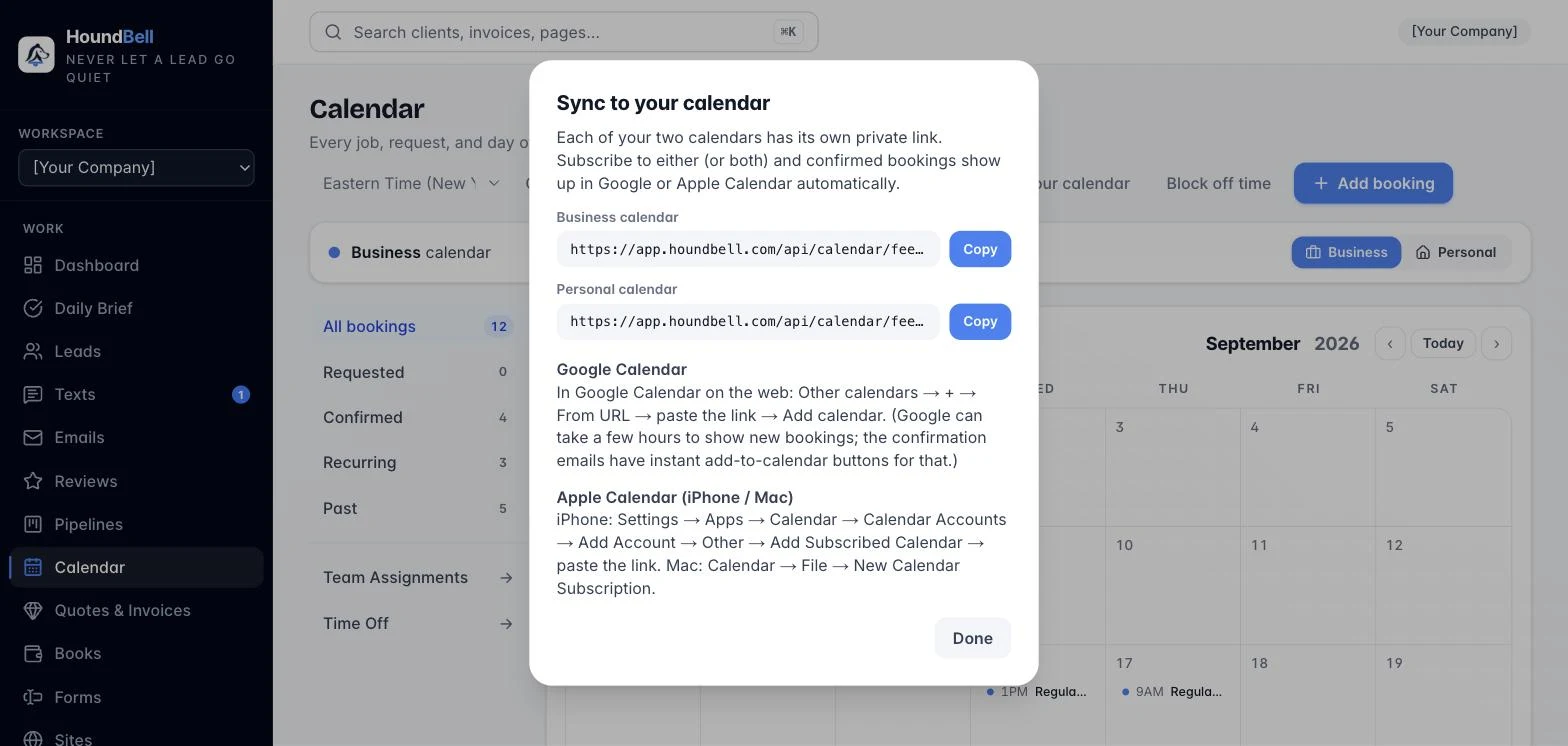 The Sync to your calendar dialog with private links for the business and personal calendars and instructions for Google and Apple Calendar