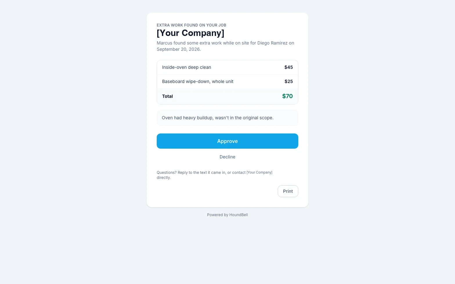 The change order page a client sees, with the extra work items and Approve and Decline buttons
