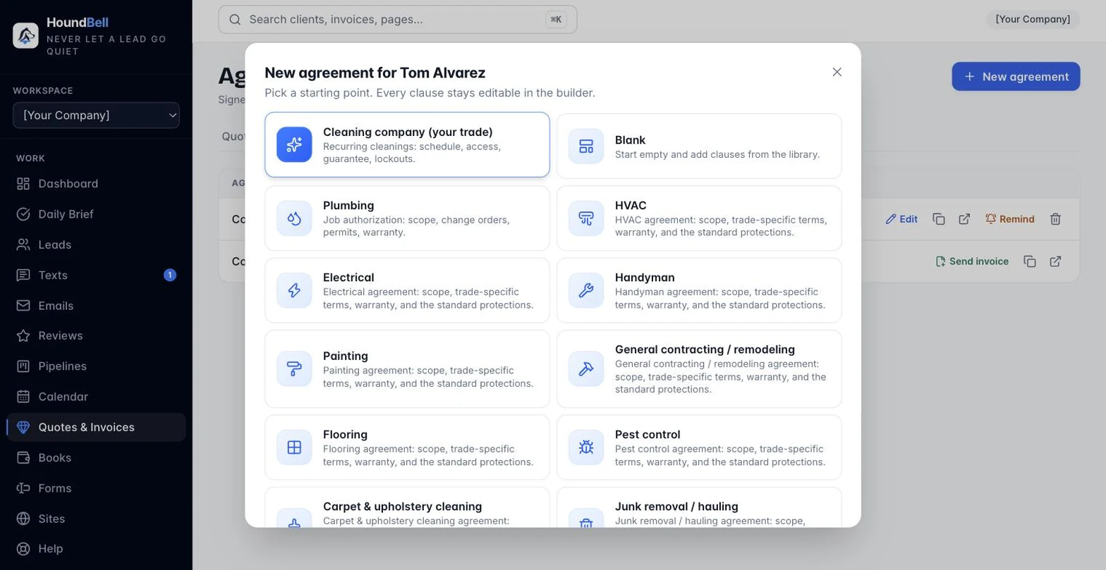 HoundBell contract templates organized by trade, ready for e-signature