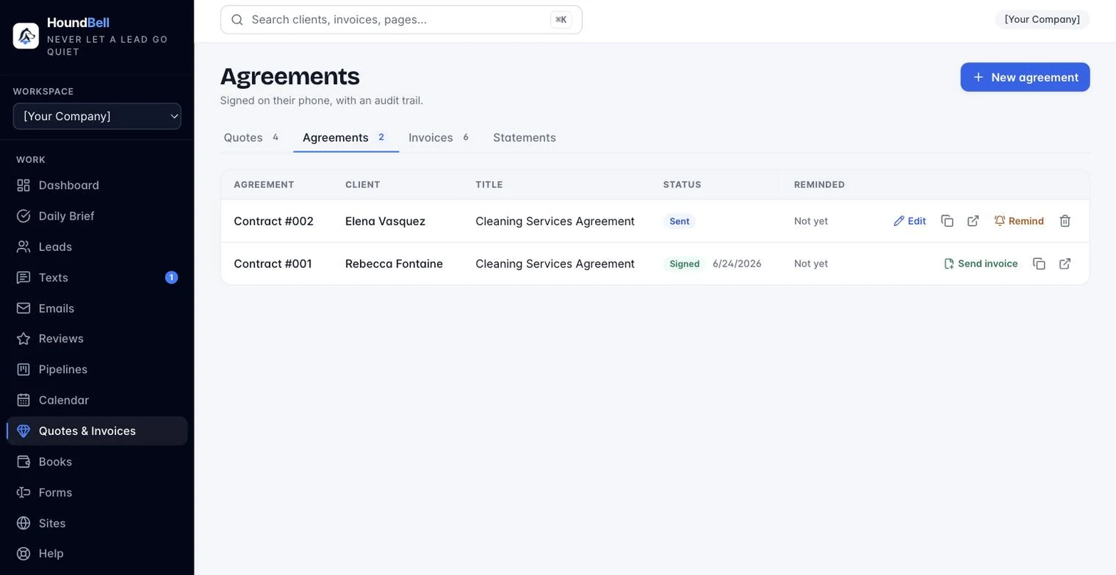 The HoundBell contracts screen with signed, sent and draft service agreements