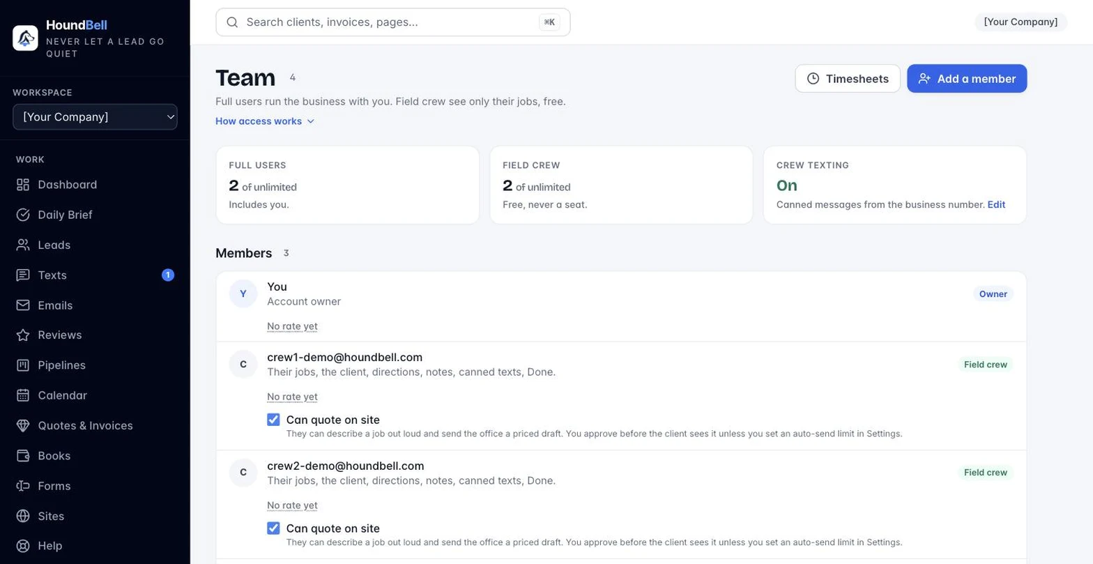 The Team page with the Timesheets button and a pay line on every member row