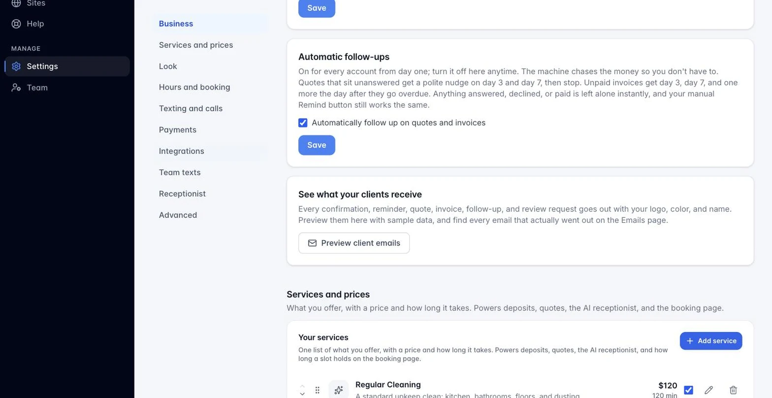 The Automatic follow-ups card in Settings with the follow-up toggle switched on