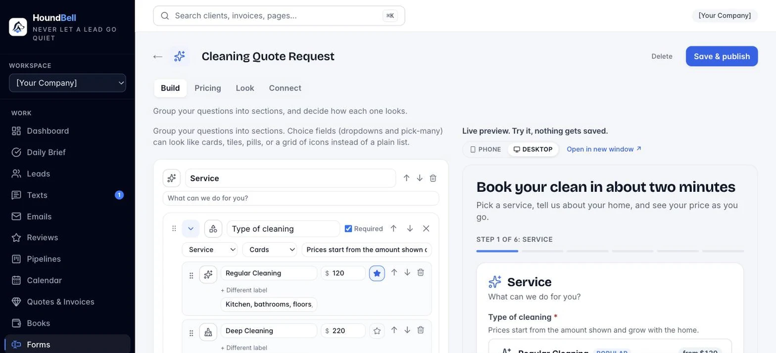 The HoundBell form builder with a live interactive preview