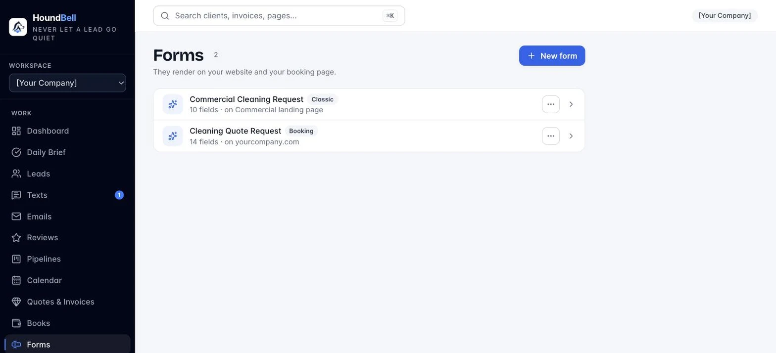 The Forms page listing forms with their field count and the site each one is published on