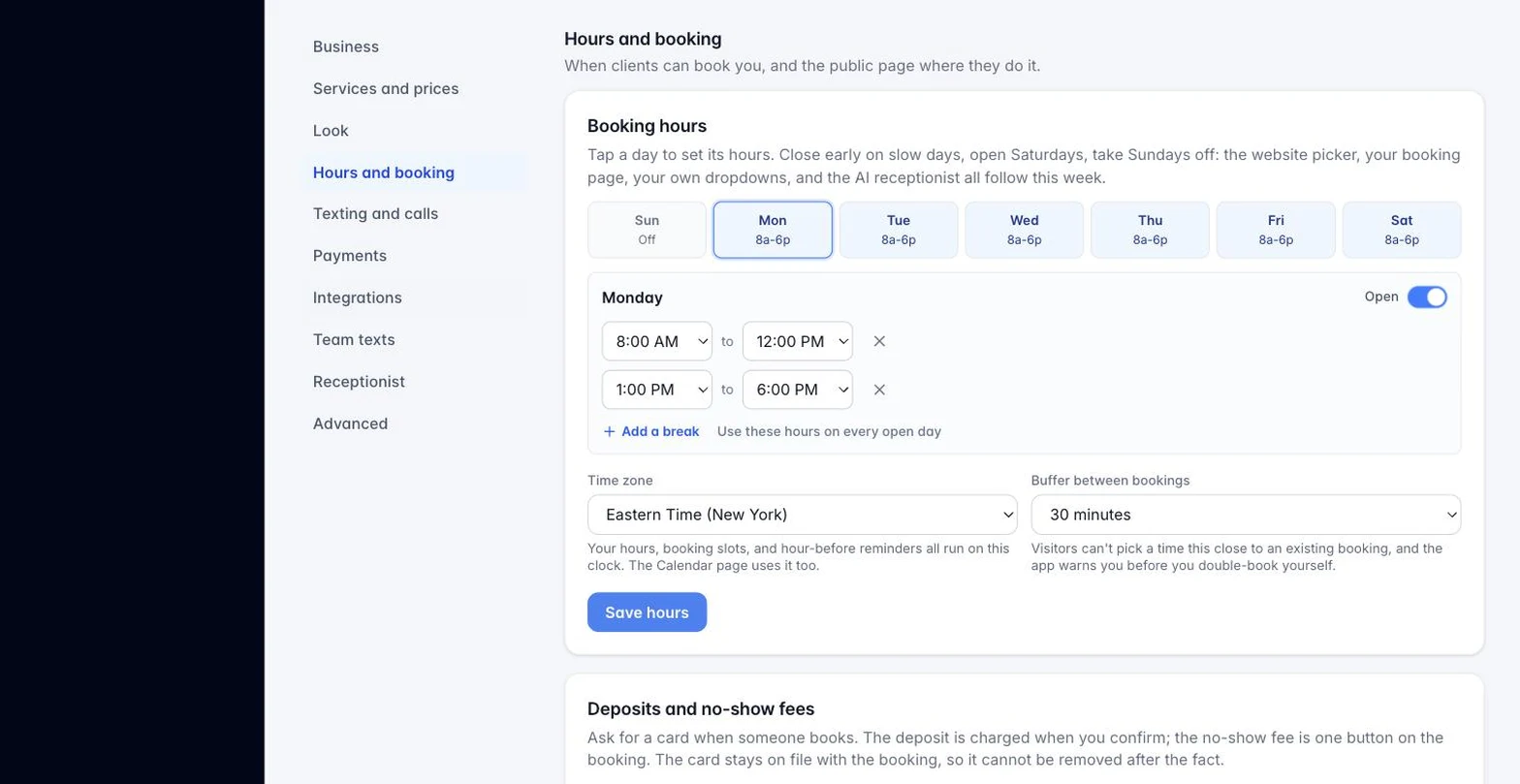Booking hours in Settings with one day showing two windows (a lunch break)