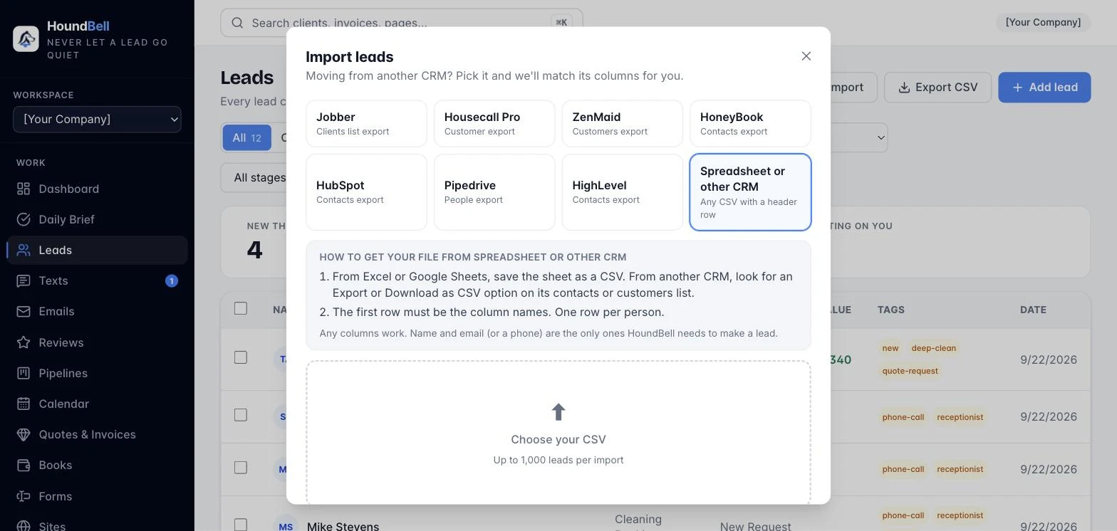 The Import leads dialog: pick your old CRM and HoundBell matches its columns for you