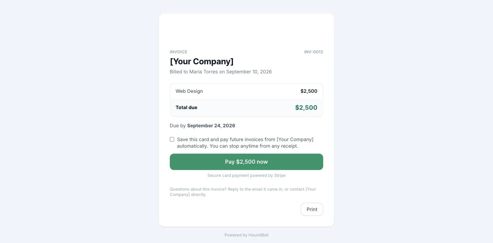 The invoice page a client sees, showing the amount due and a Pay now card payment button