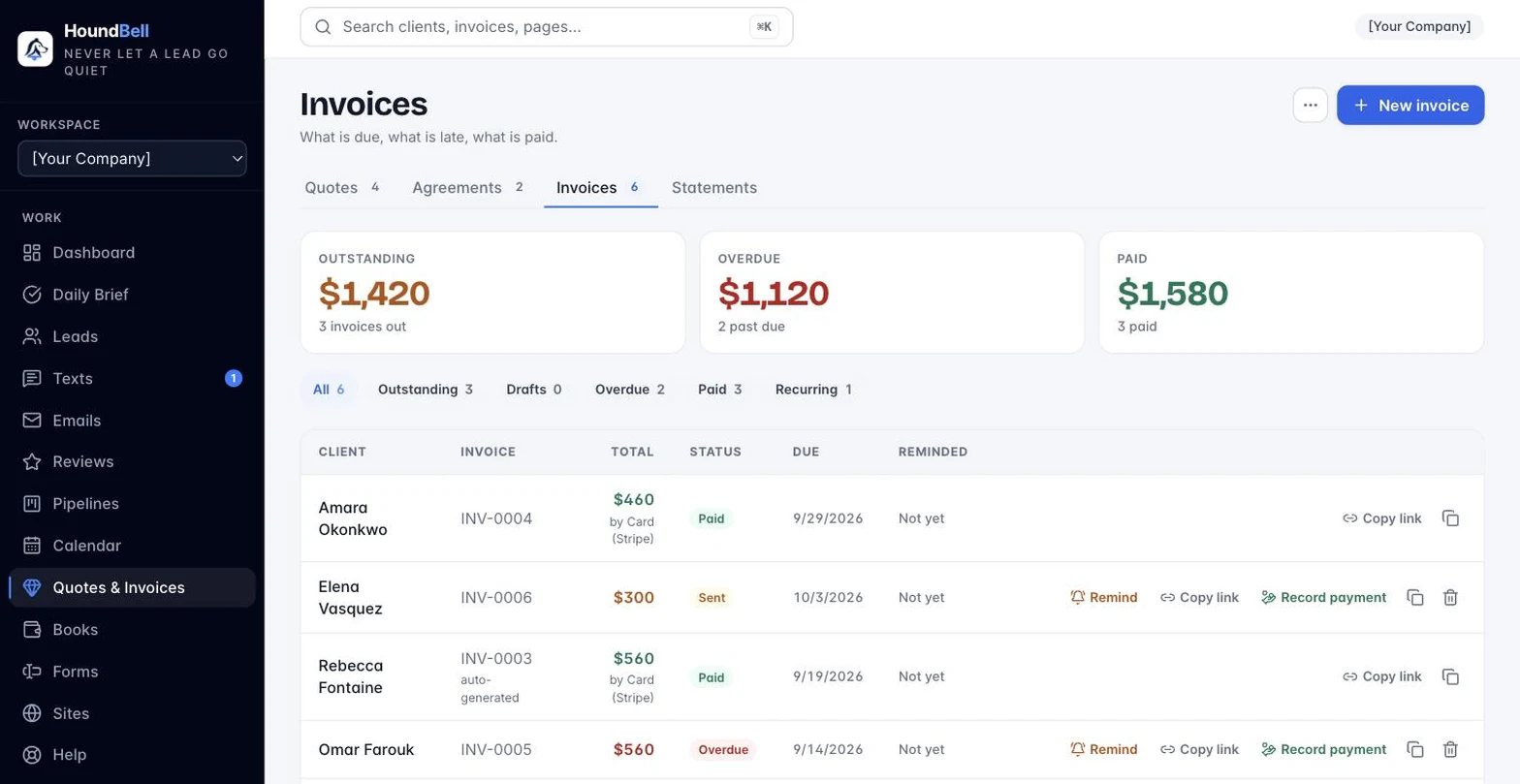 The HoundBell invoices list with paid and outstanding invoices