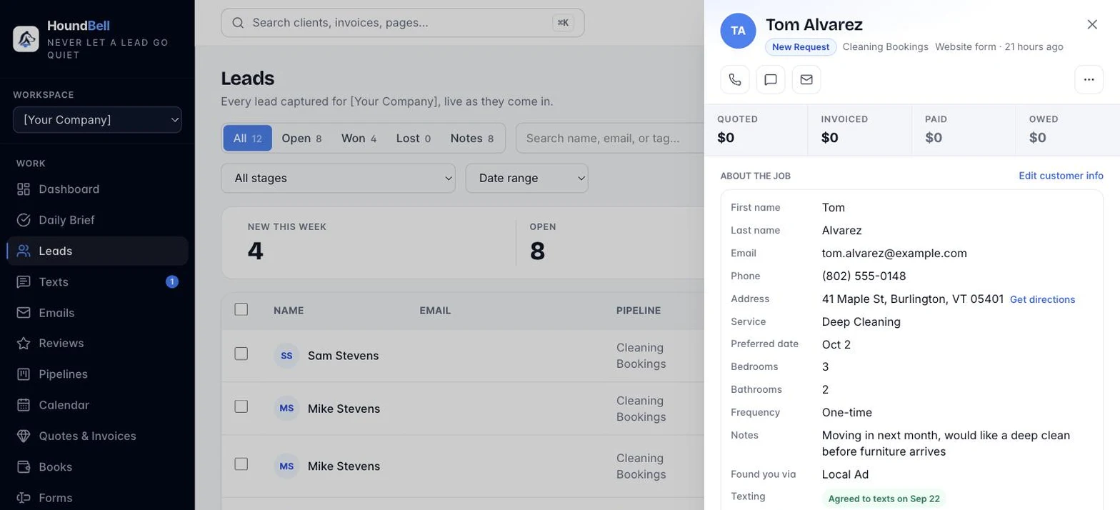 A HoundBell lead card holding contact details, quotes, agreements, schedule, and the texting thread in one place