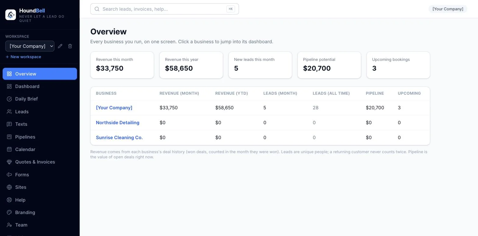 The Overview page: summary cards for portfolio revenue, new leads, pipeline potential, and upcoming bookings above a table with one row per business
