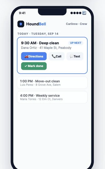Crew view on a phone: one job expanded with Directions, Call, Text, Mark done