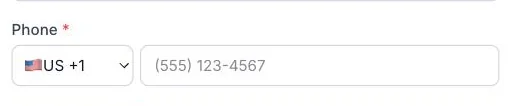 A phone field with a US country code menu and a formatted example number