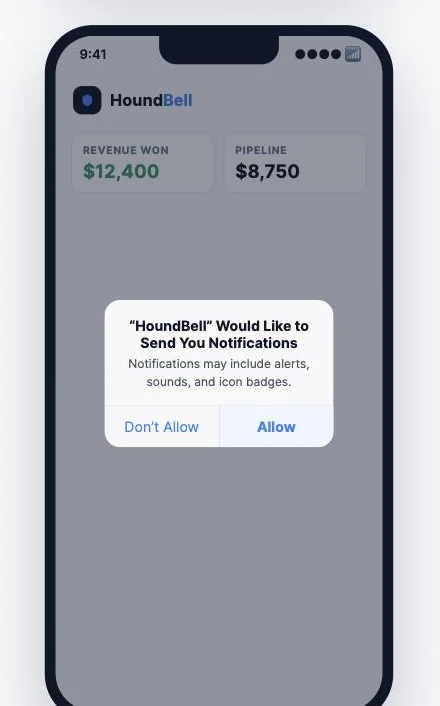 The iPhone permission prompt asking to allow HoundBell notifications, with the Allow button highlighted