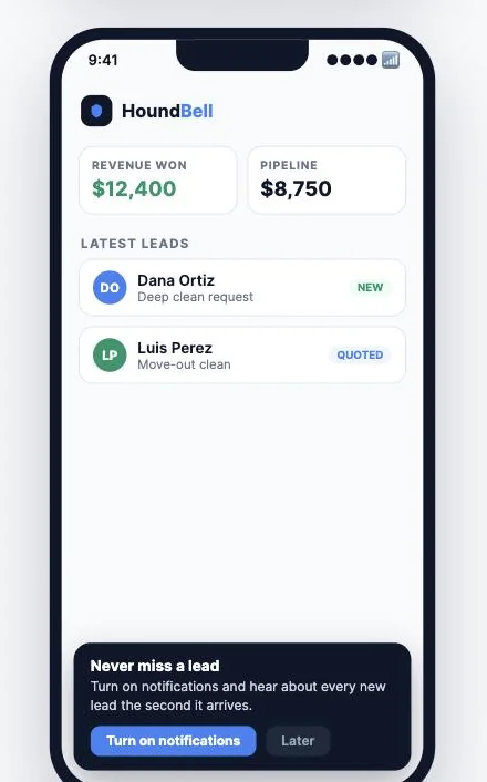 The HoundBell dashboard on a phone with the banner offering to turn on new lead notifications