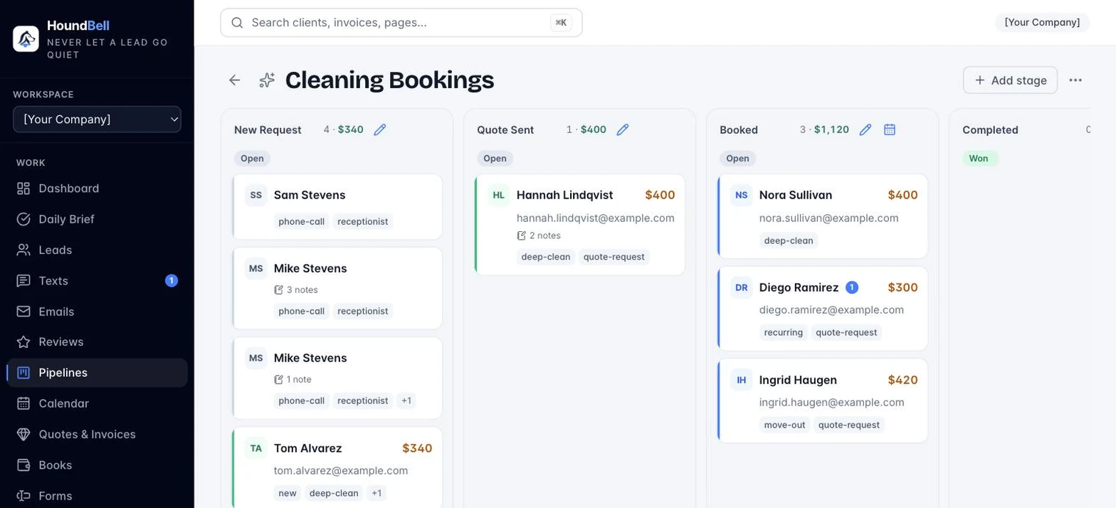A HoundBell pipeline board with deals in draggable stage columns