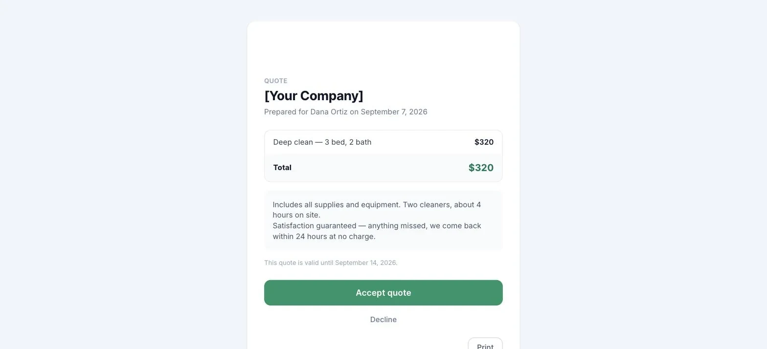 The branded quote page a client opens, with line items, total and an accept button