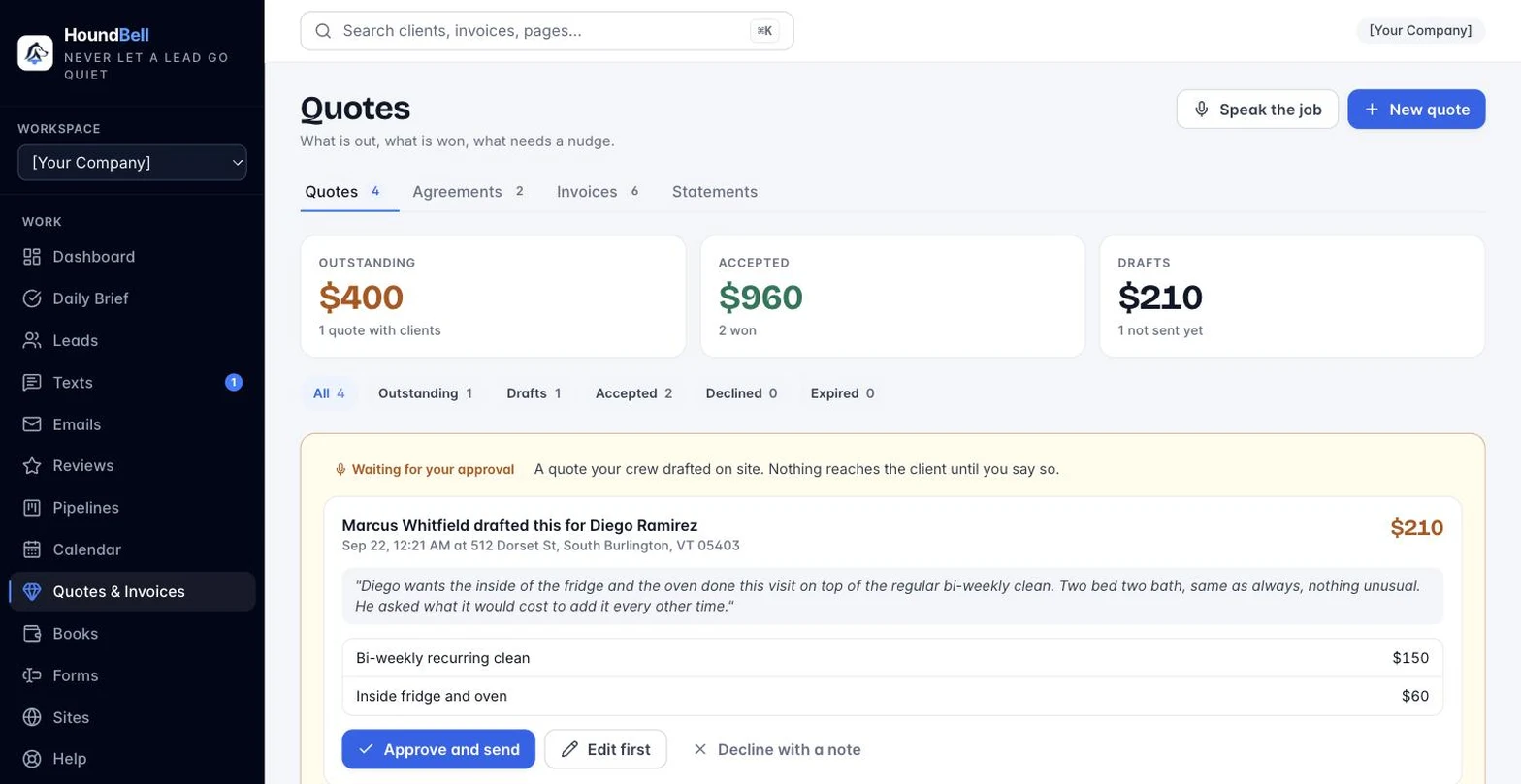 The Waiting for your approval band at the top of the Quotes tab with a crew-drafted quote