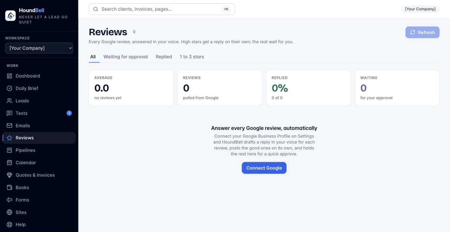 The HoundBell Reviews page with a review waiting for approval and a suggested reply