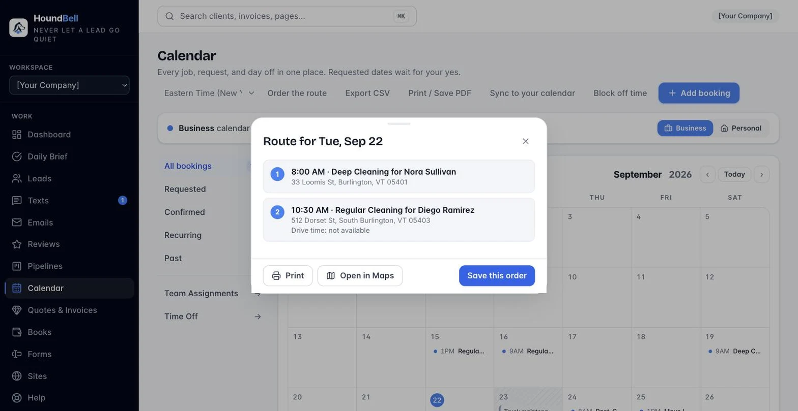 The route sheet for the day: numbered stops with drive estimates and a print button