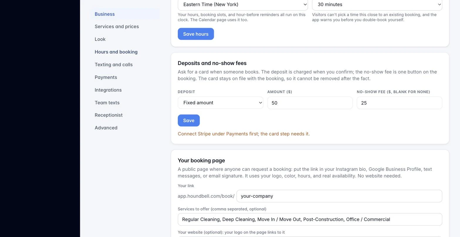 The Deposits settings card with a percent deposit and a no-show fee configured