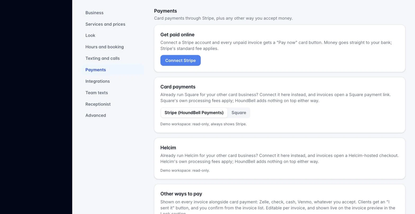 The Payments card in HoundBell Settings with Stripe connected and the bring-your-own Square option