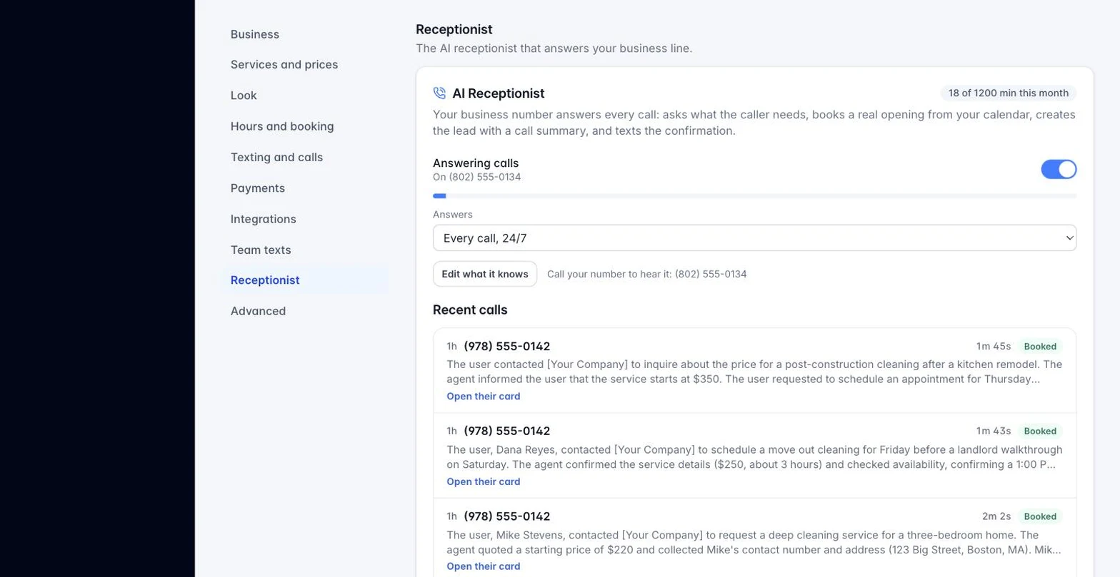 The AI Receptionist card in HoundBell Settings with the setup wizard, answers mode and recent calls