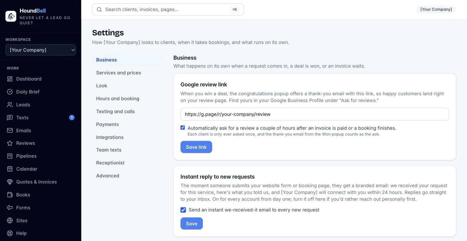 The Your booking page card in Settings with the link slug, services list, phone field setting, and welcome line