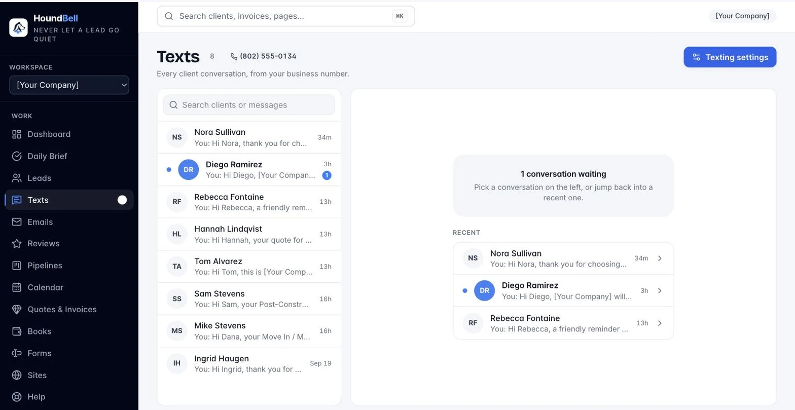 The HoundBell texts inbox showing two-way client conversations from the business number