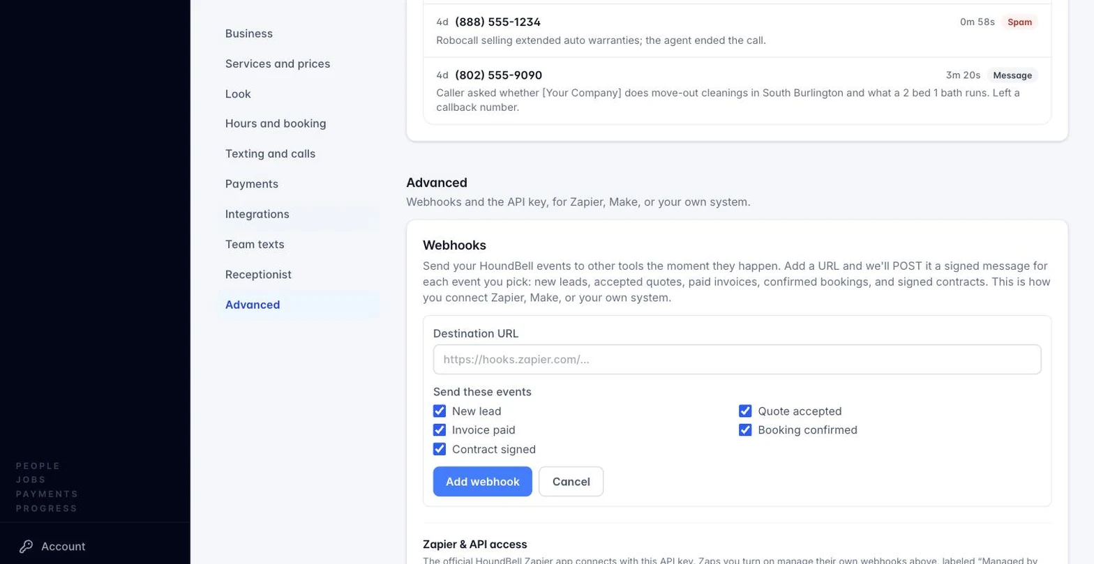 The Webhooks card in Settings with the add form open: destination URL field and checkboxes for new lead, quote accepted, invoice paid, booking confirmed, and contract signed