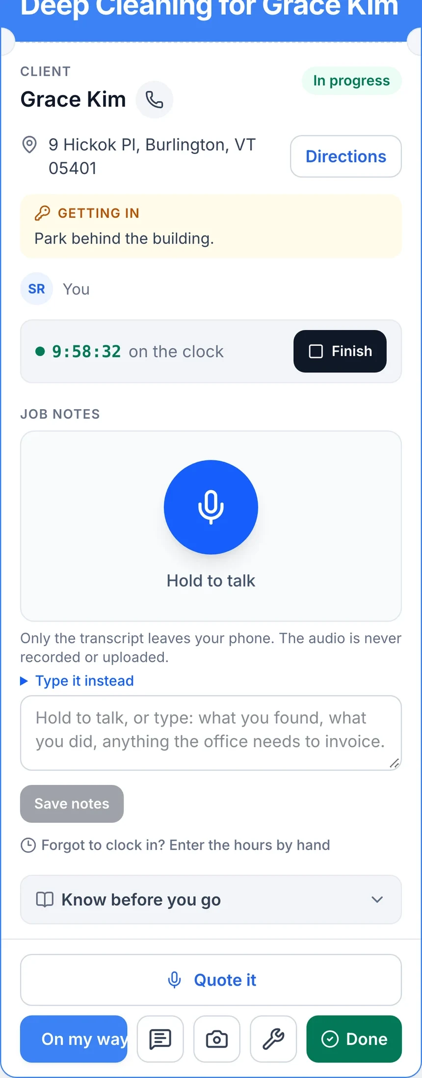 Job notes spoken by voice from the job, with photos (phone)