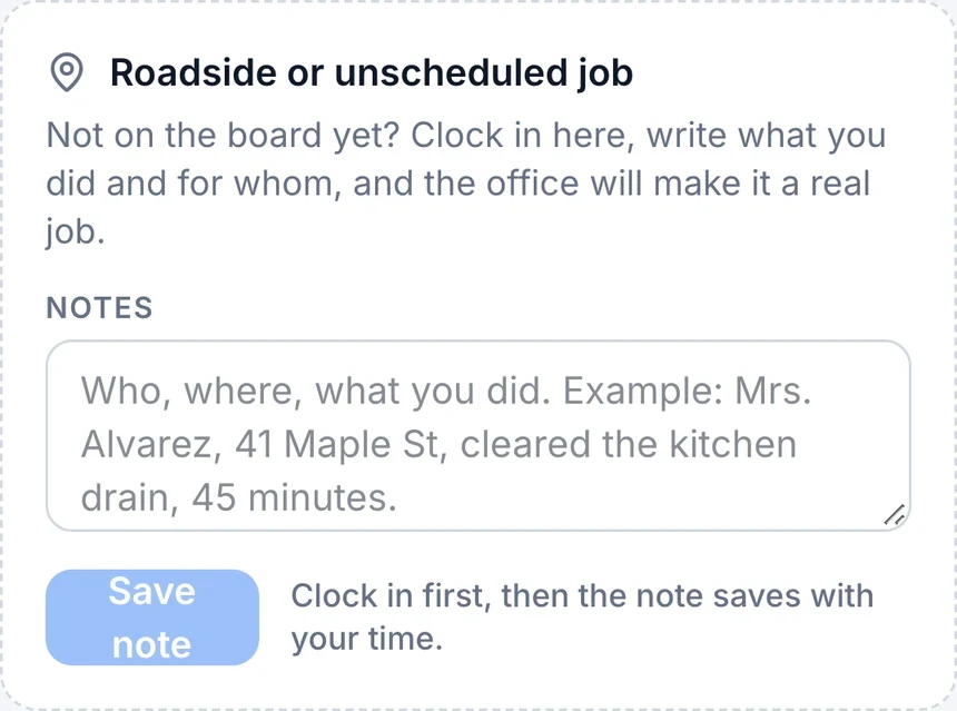 The roadside card for extra work found on site (phone)