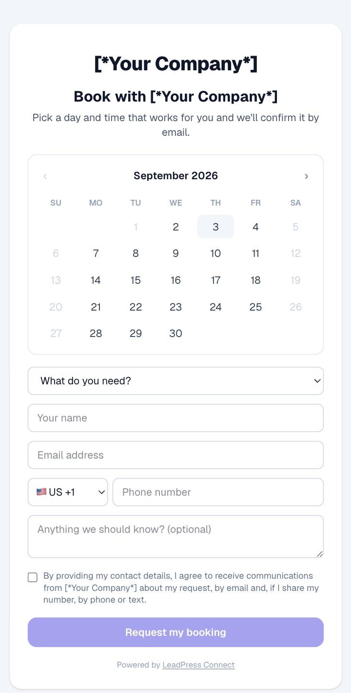 The full hosted booking page: business name, calendar with real availability, service dropdown, contact form, consent checkbox, and the request button