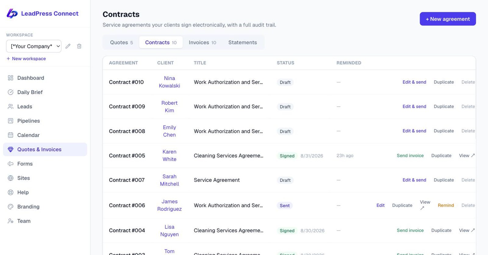 The HoundBell contracts screen with signed, sent and draft service agreements