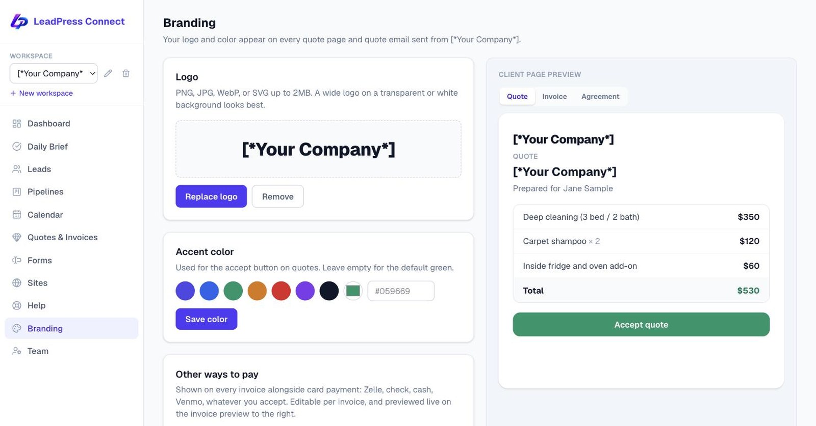 The Branding page for uploading a logo, choosing an accent color and connecting Stripe
