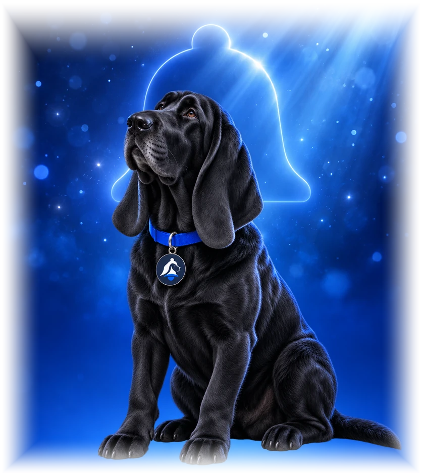 The HoundBell mascot: a bloodhound with a glowing bell silhouette behind him