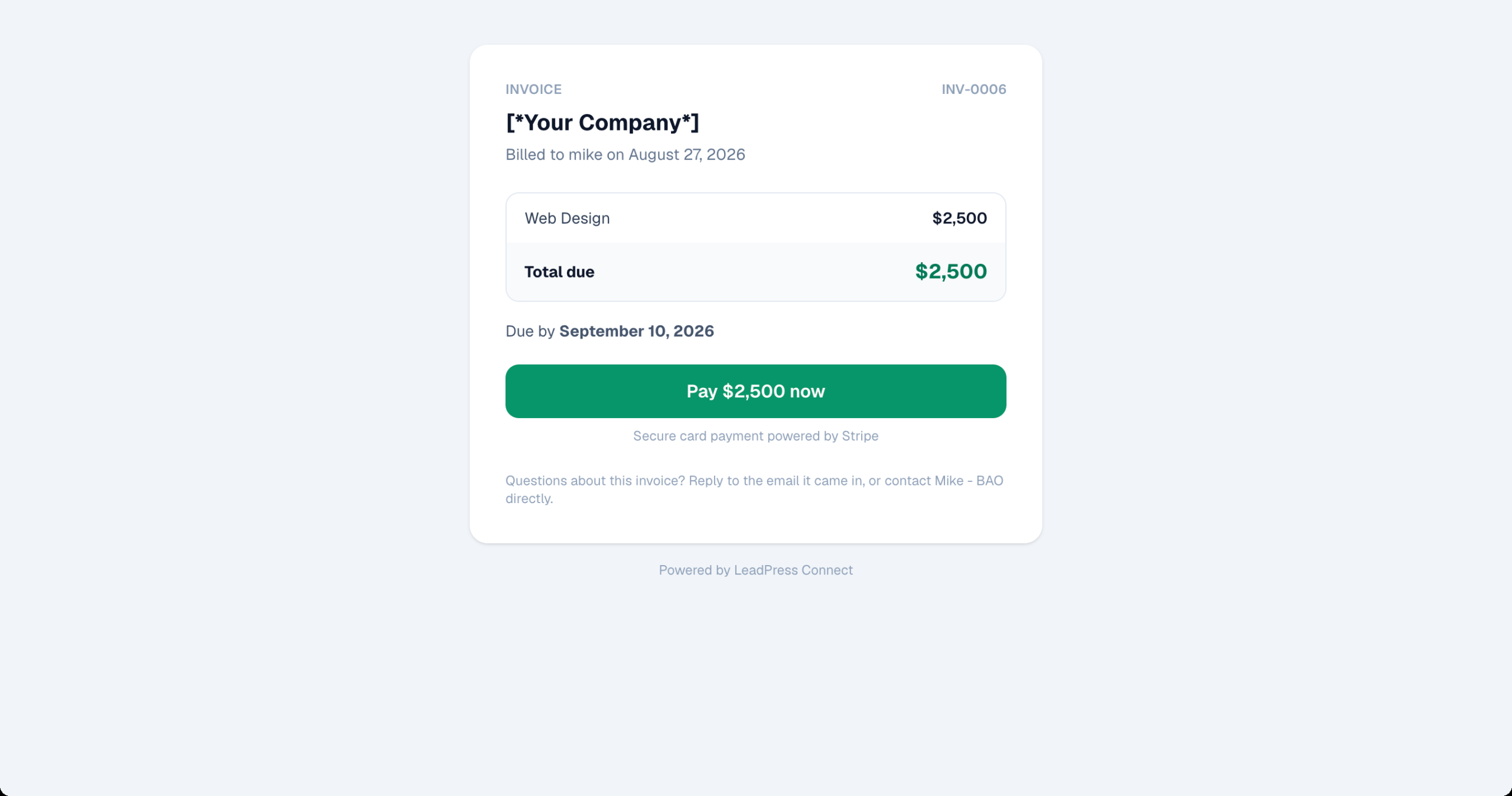 The invoice page a client sees, showing the amount due and a Pay now card payment button