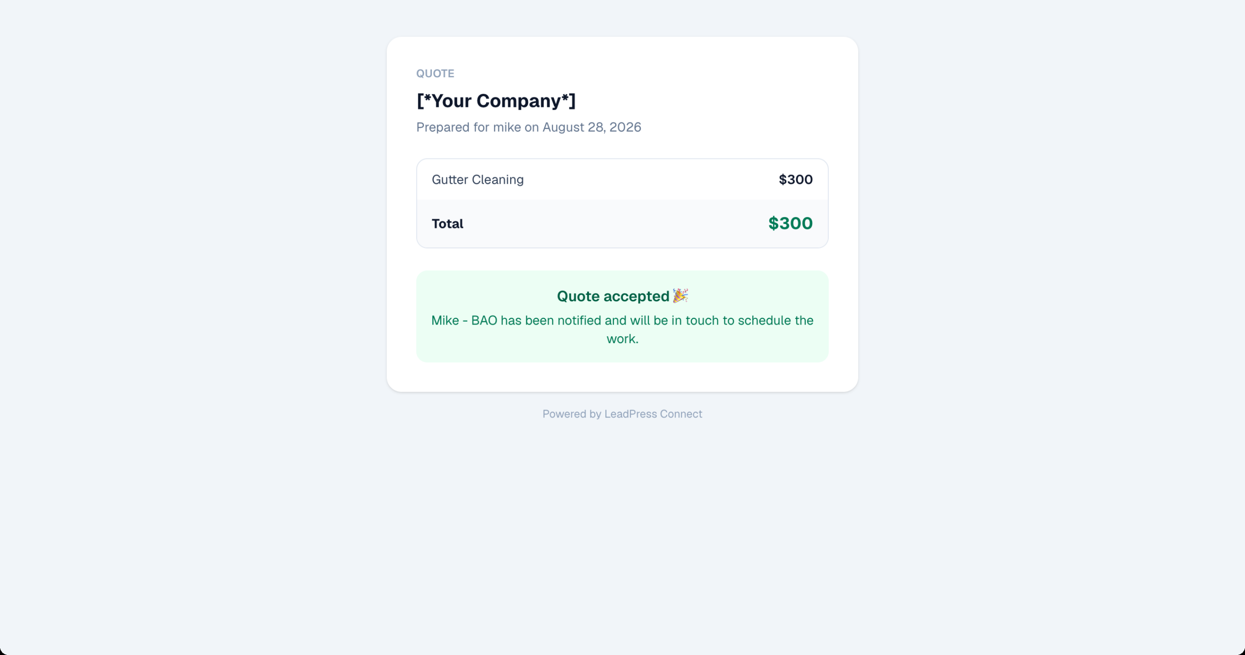 The branded quote page a client opens, with line items, total and an accept button