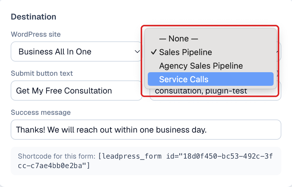 The form builder Leads go to pipeline dropdown open, showing the pipelines a form can send leads to, outlined in red