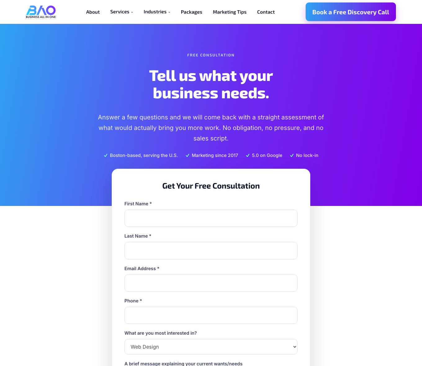 A HoundBell form rendered live on a business website below the page hero