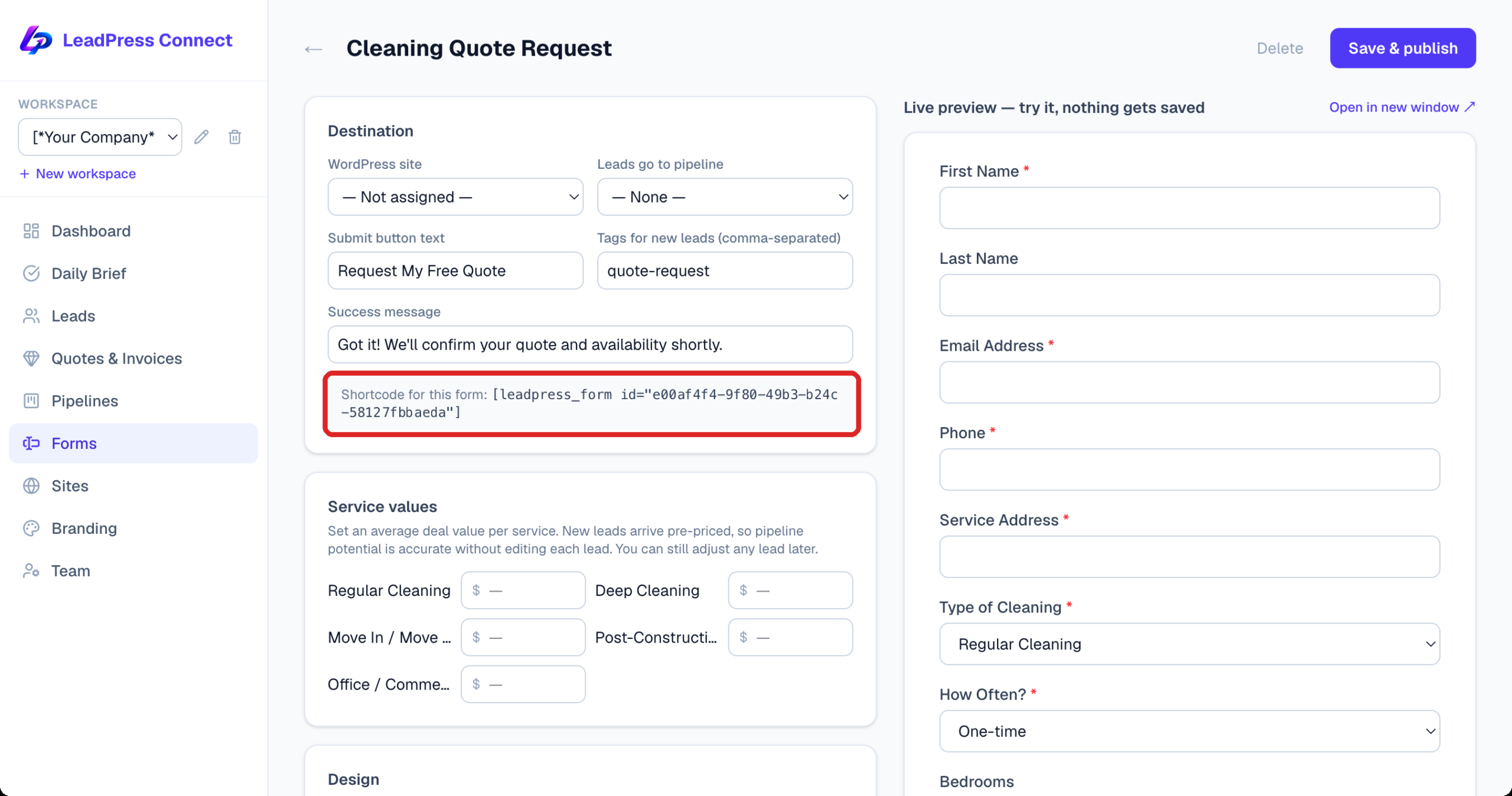 The HoundBell form builder Destination card with the form shortcode outlined in red