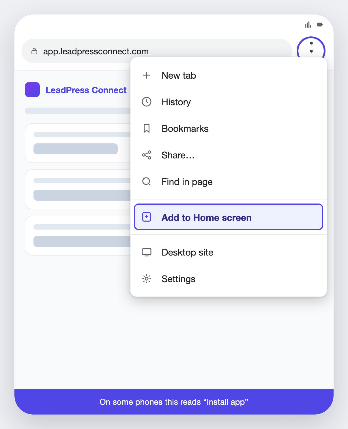Illustration of the Chrome menu on Android with Add to Home screen highlighted