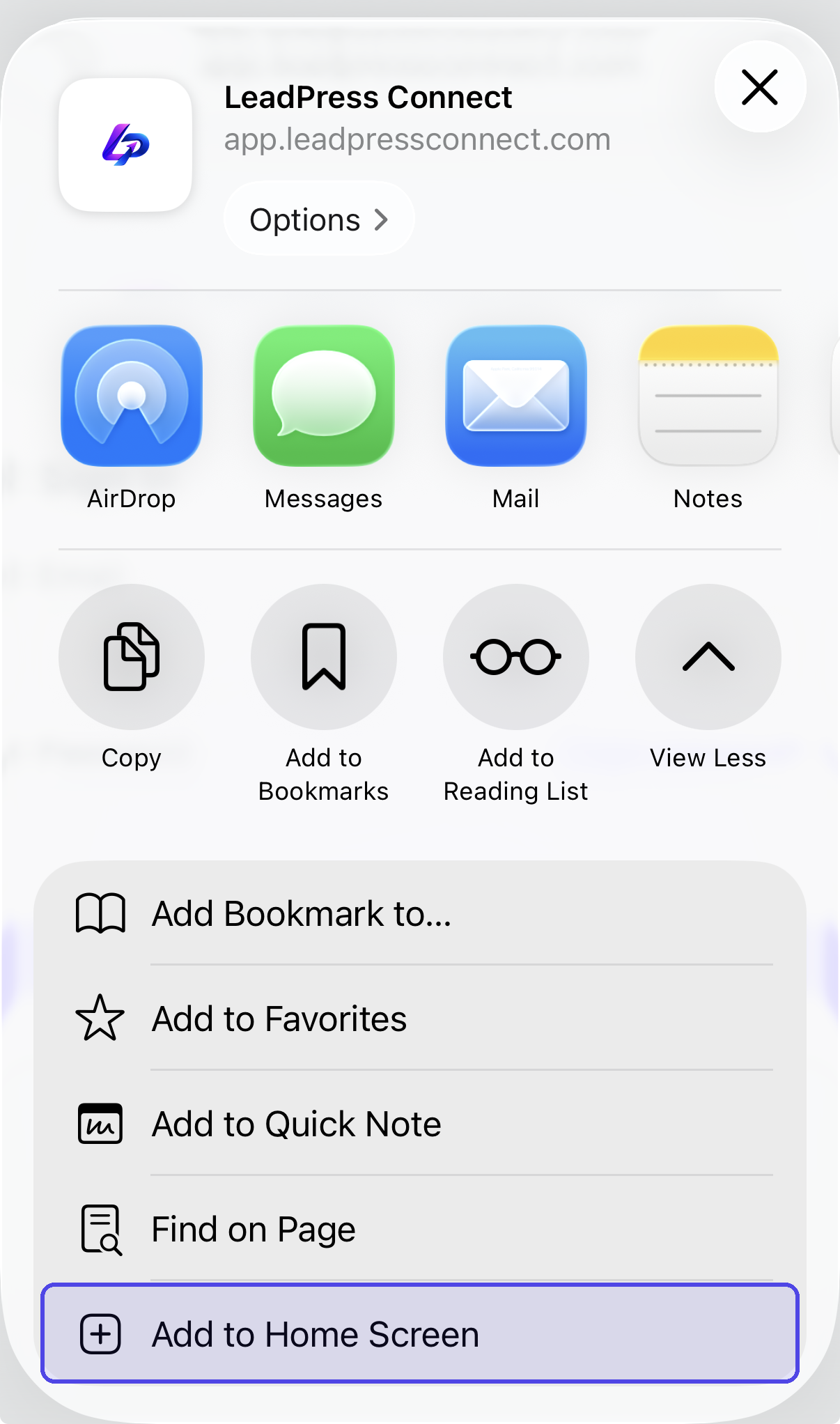 The Safari share menu on iPhone with the Add to Home Screen option highlighted