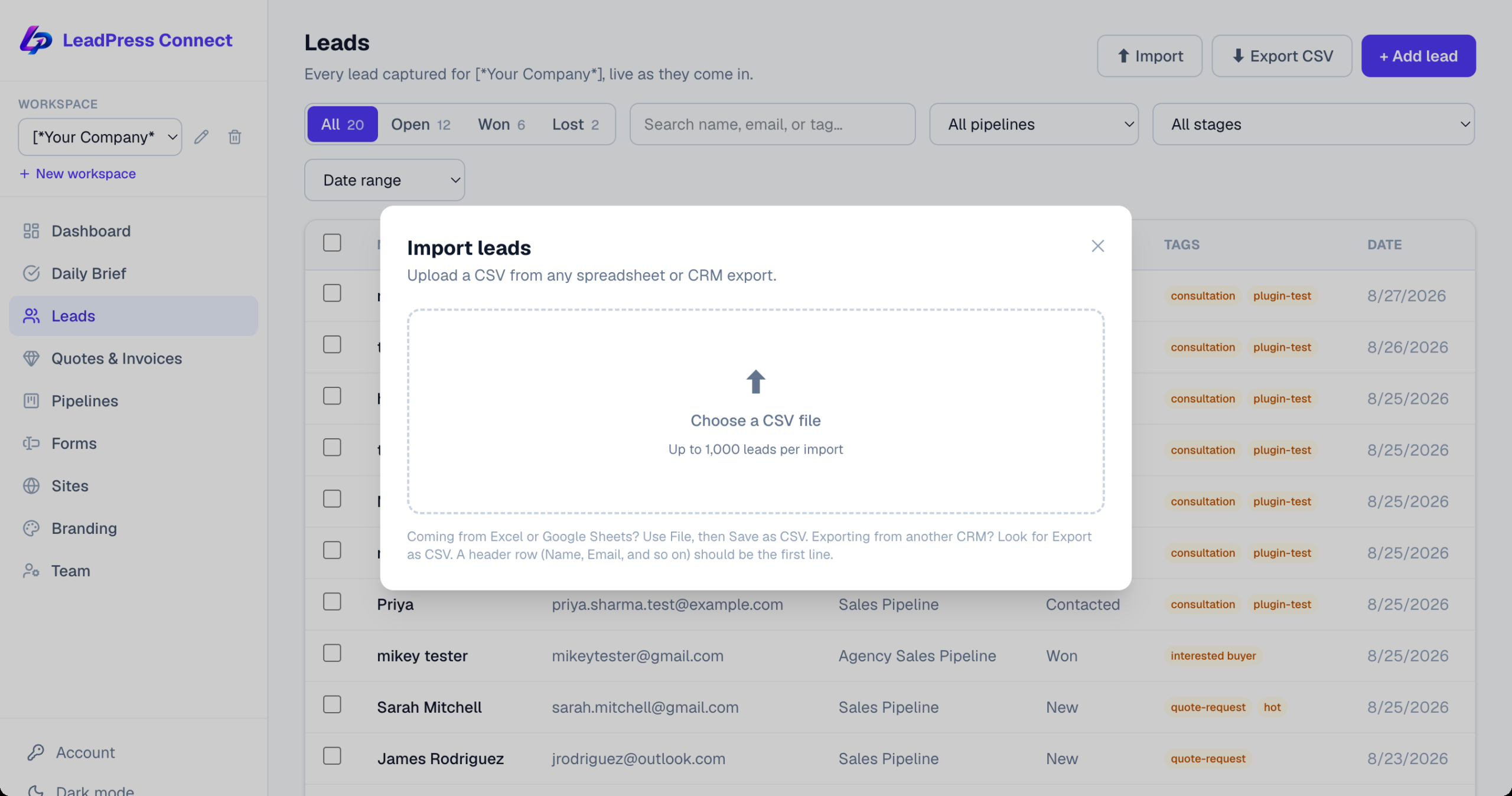 The CSV lead import screen matching spreadsheet columns to HoundBell lead fields