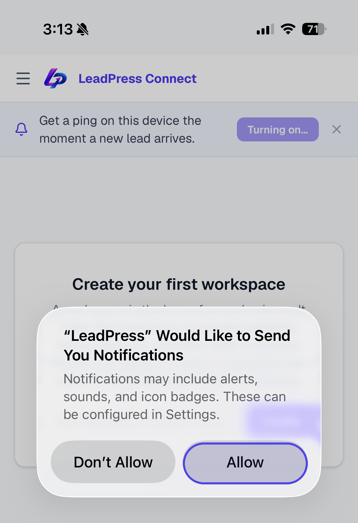 The iPhone permission prompt asking to allow HoundBell notifications, with the Allow button highlighted